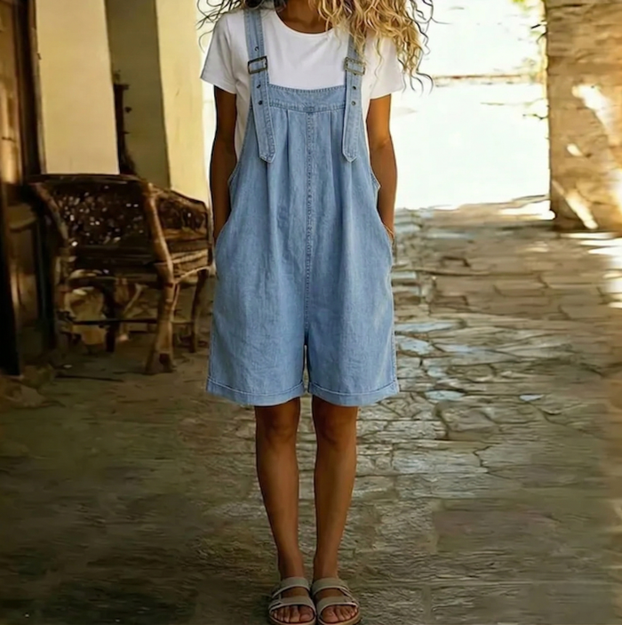 Nea - Short Denim Playsuit in Soft Cotton