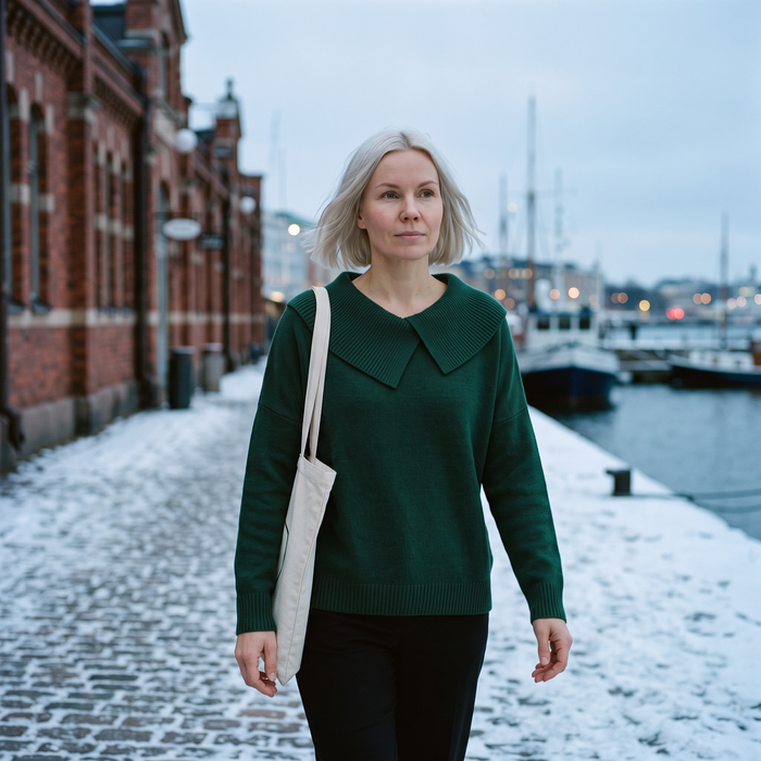 Nicoleta green jumper by Helsinki harbour in winter