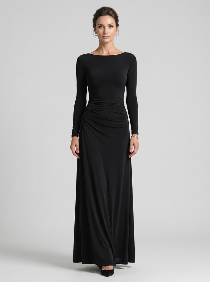 Noemie | Black with Neckline Barco and Draped Elegant Maxi Dress
