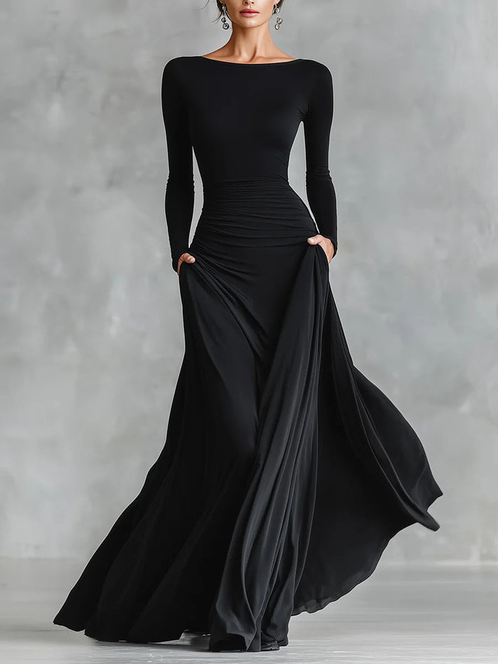 Noemie | Black with Neckline Barco and Draped Elegant Maxi Dress