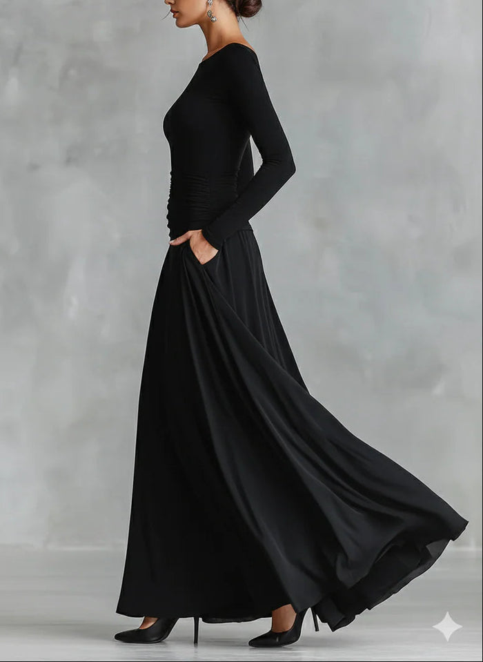 Noemie | Black with Neckline Barco and Draped Elegant Maxi Dress
