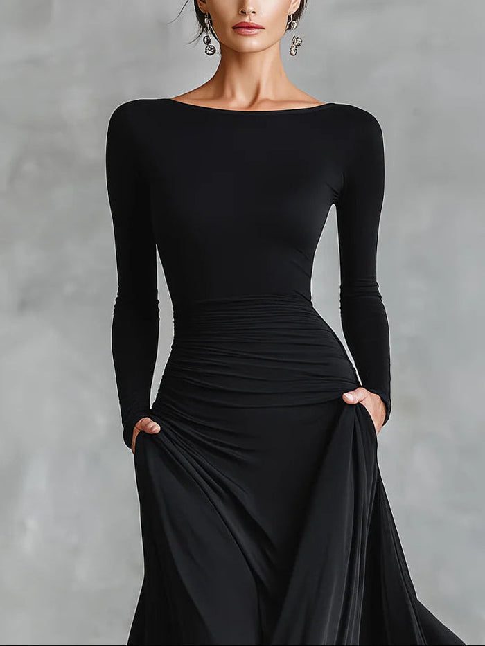 Noemie | Black with Neckline Barco and Draped Elegant Maxi Dress