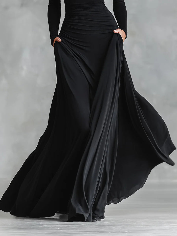 Noemie | Black with Neckline Barco and Draped Elegant Maxi Dress