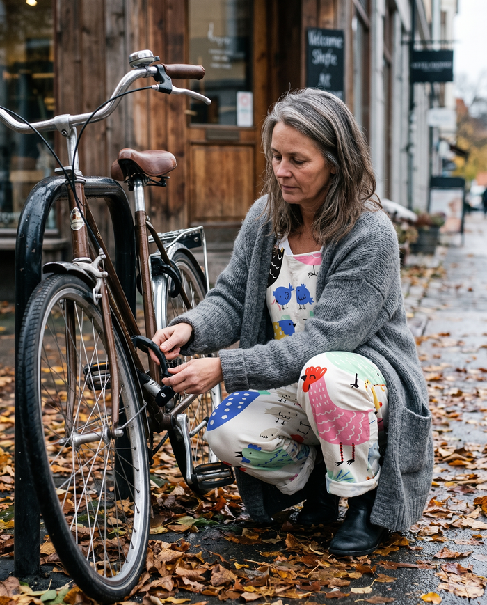 Noora printed wide-leg jumpsuit worn with a bicycle