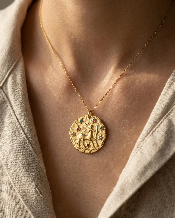 Sagittarius zodiac pendant worn on a fine gold chain