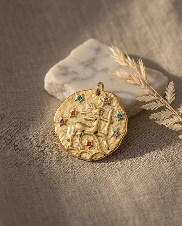 Sagittarius zodiac pendant styled on linen with marble