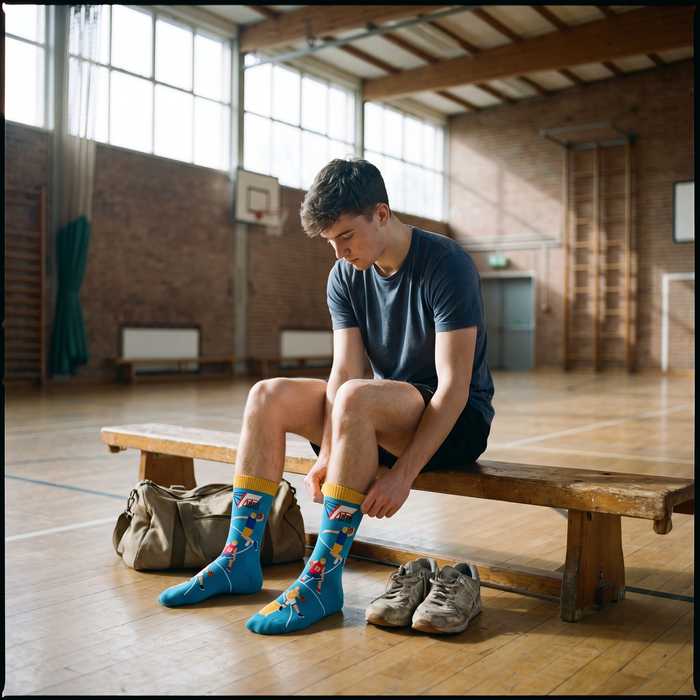 Man on a sports hall bench pulling up long jacquard sports socks