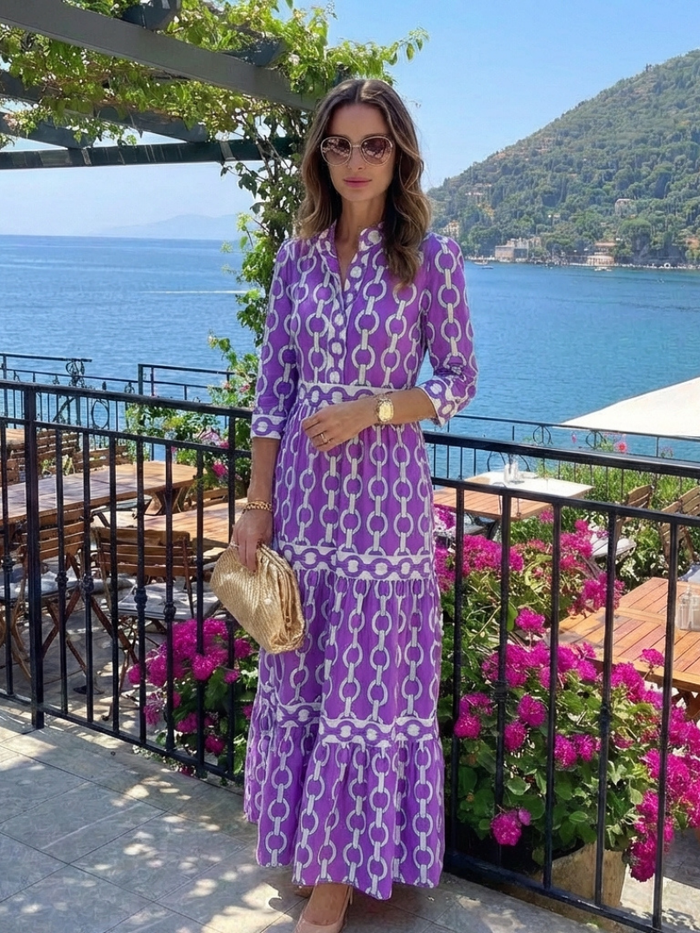Pauline | Sleeve Three Quarter with Printed Cadenas Midi Dress