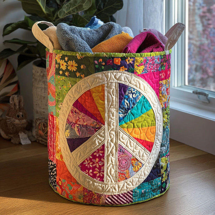 Quilted laundry basket with a patchwork peace sign