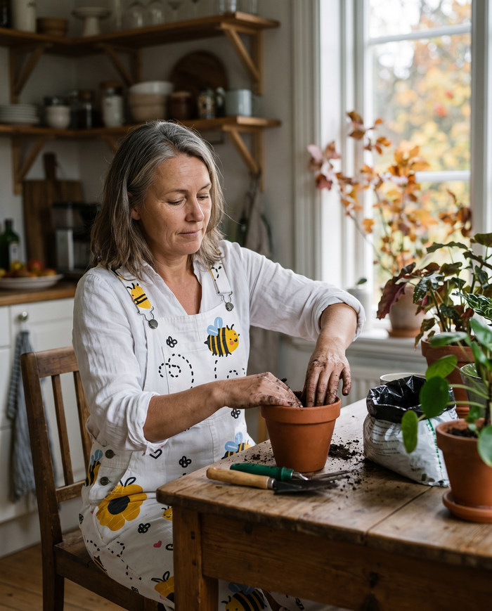 Petra printed denim dungarees worn repotting plants