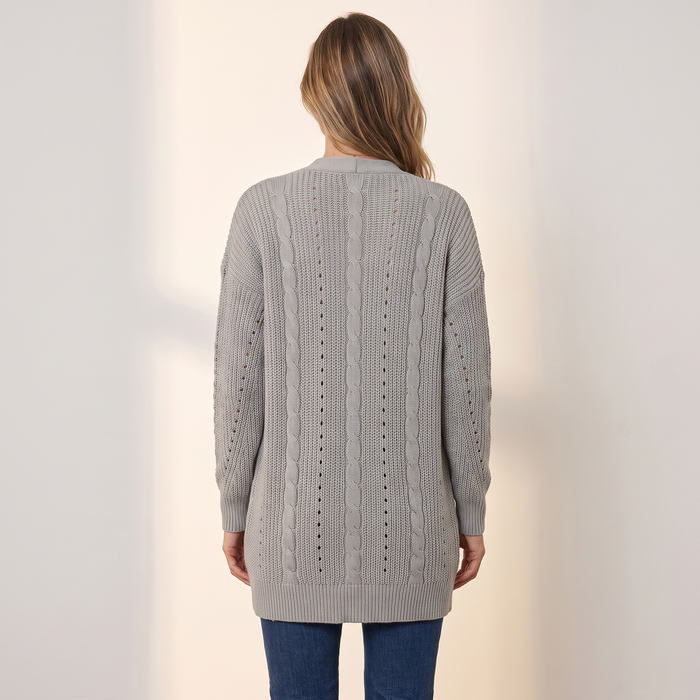 Back view of the grey open long cardigan showing the cable and eyelet columns