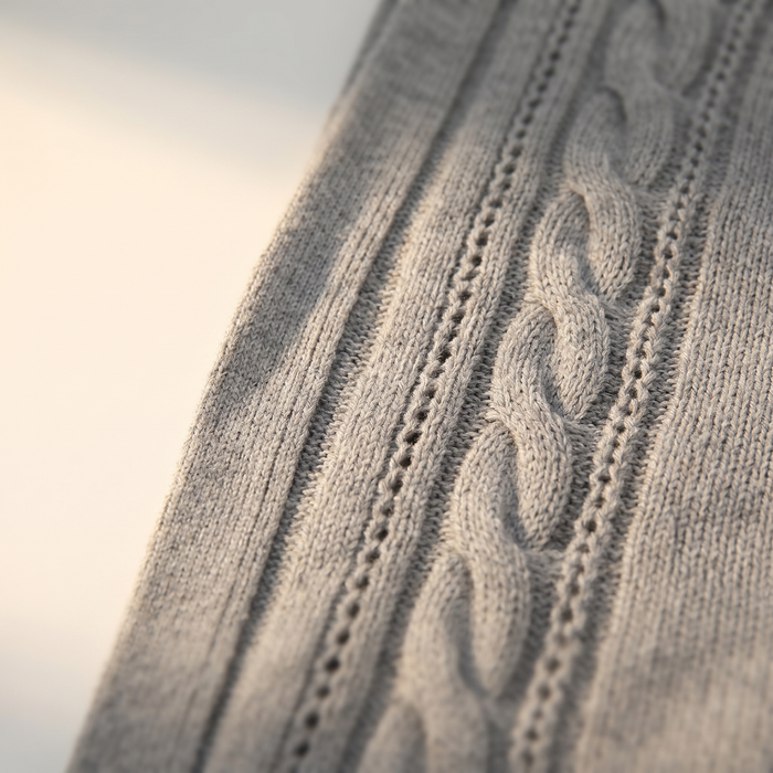 Close-up of the cable twist and pointelle eyelet knit on the grey cardigan