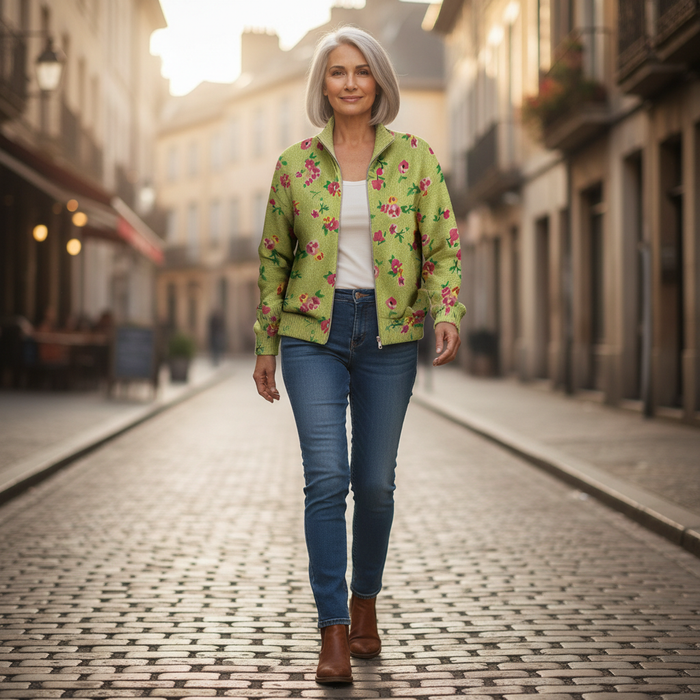 Pirkko - Lime Floral Zip Bomber