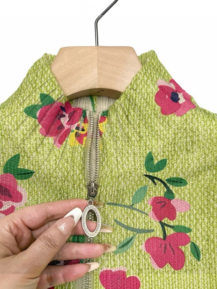 Pirkko - Lime Floral Zip Bomber