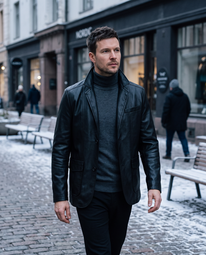 Premium leather jacket on a Helsinki street in winter