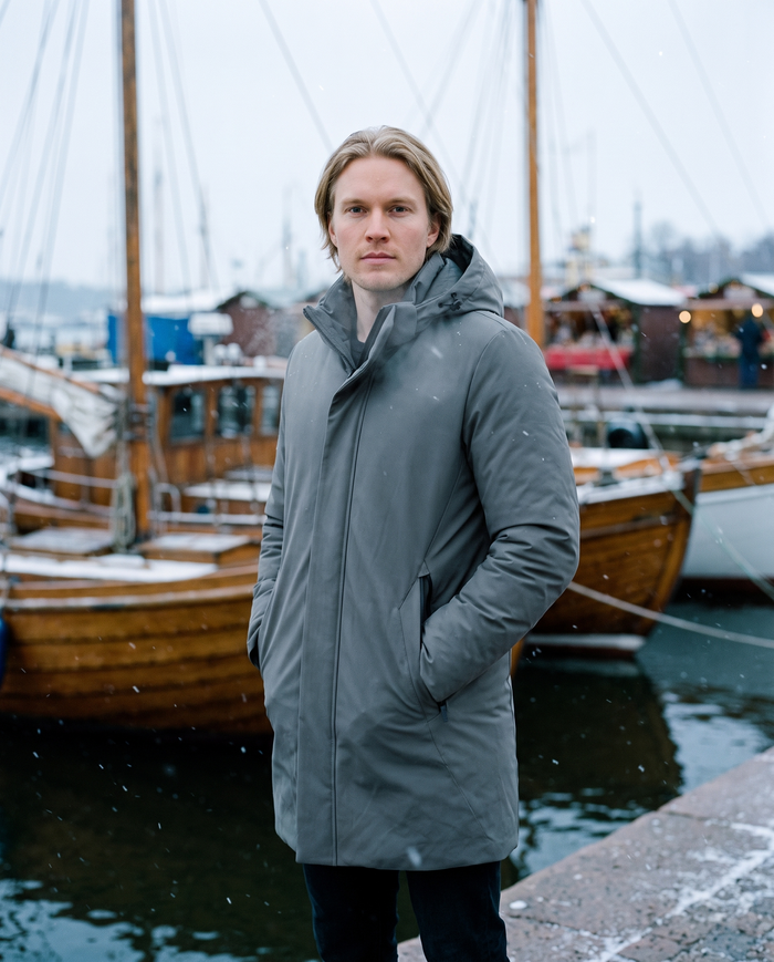 Premium winter jacket at Helsinki harbour in snowfall
