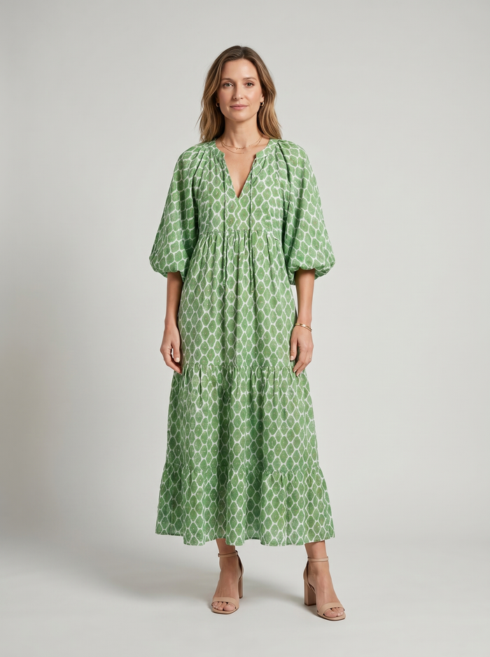 Celine | Printed with Sleeve Three Quarter and V-Neck Midi Dress