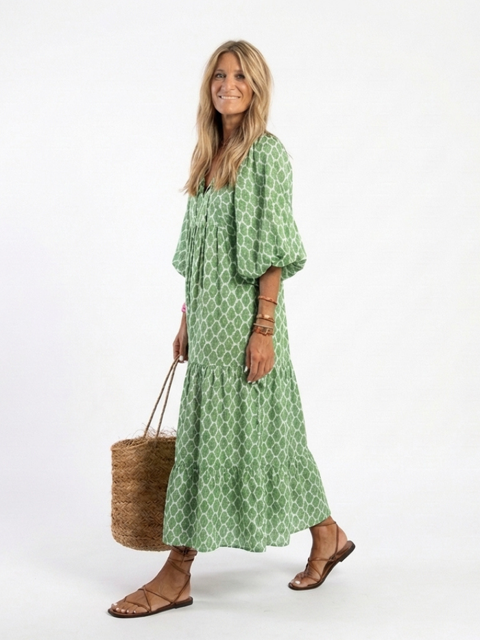 Celine | Printed with Sleeve Three Quarter and V-Neck Midi Dress