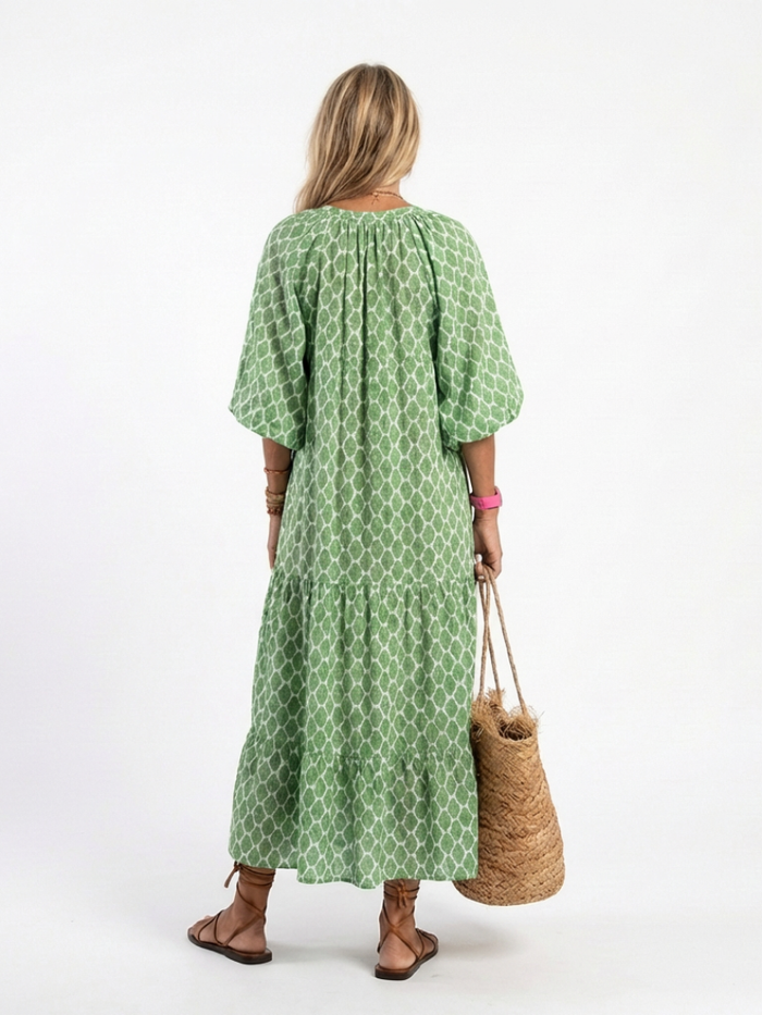 Celine | Printed with Sleeve Three Quarter and V-Neck Midi Dress