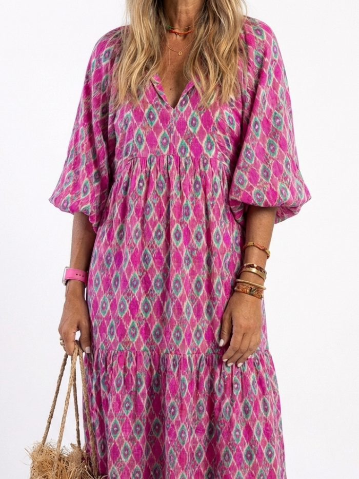 Celine | Printed with Sleeve Three Quarter and V-Neck Midi Dress
