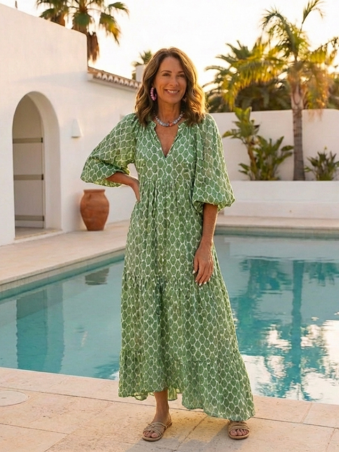 Celine | Printed with Sleeve Three Quarter and V-Neck Midi Dress