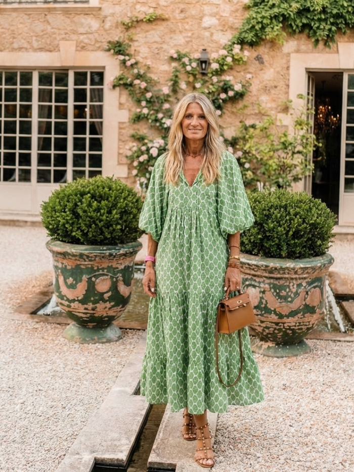 Celine | Printed with Sleeve Three Quarter and V-Neck Midi Dress