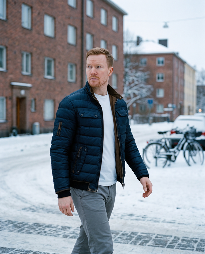 Quilted urban jacket on a snowy Kallio street Helsinki