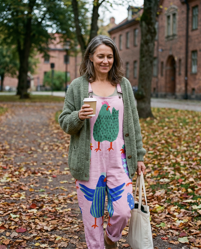 Raija printed wide-leg jumpsuit worn in an autumn park
