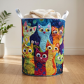 Rainbow cats quilted laundry basket standing on a wooden floor at home