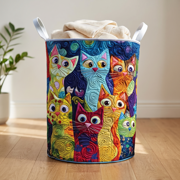 Rainbow cats quilted laundry basket standing on a wooden floor at home
