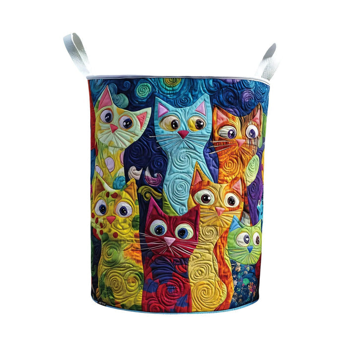 Quilted laundry basket covered in colourful stylised cats