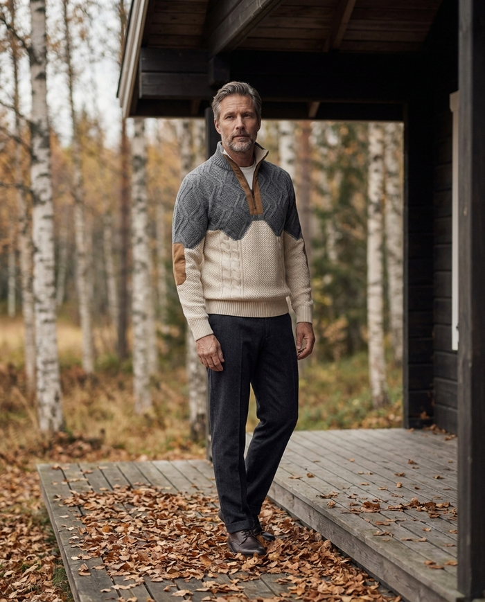 Quilted-yoke knit jumper worn on a Nordic cabin porch in autumn