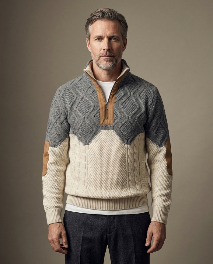 Cream and grey quilted-yoke knit jumper with suede elbow patches