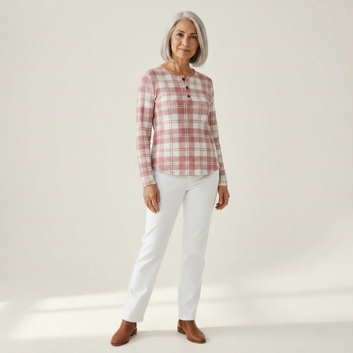 Reeta - Pink Tartan Waffle Henley