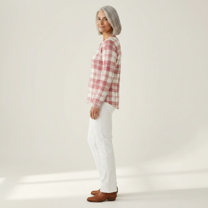 Reeta - Pink Tartan Waffle Henley