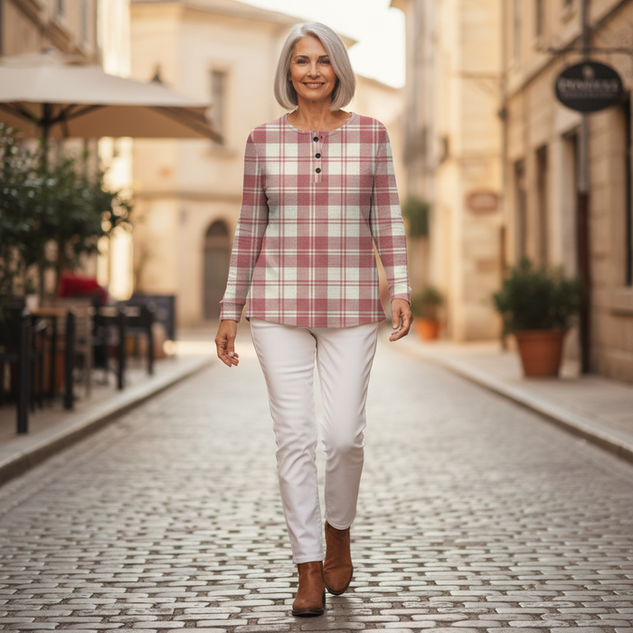 Reeta - Pink Tartan Waffle Henley
