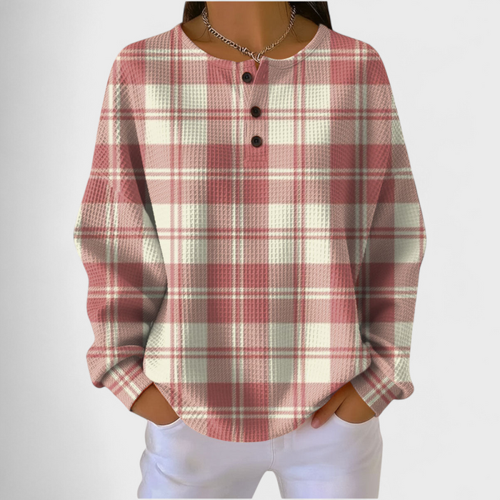 Reeta - Pink Tartan Waffle Henley
