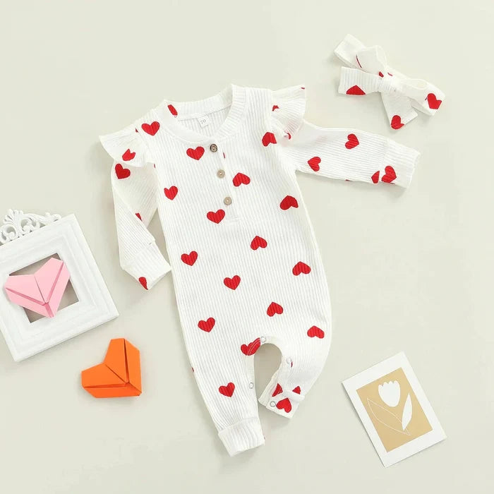 Ribbed Knit Heart Flutter accent romper w/ Headband