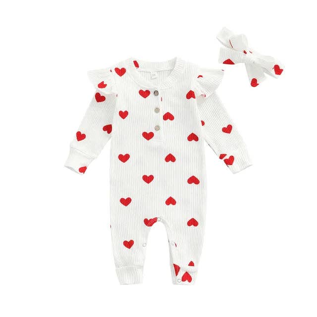 Ribbed Knit Heart Flutter accent romper w/ Headband