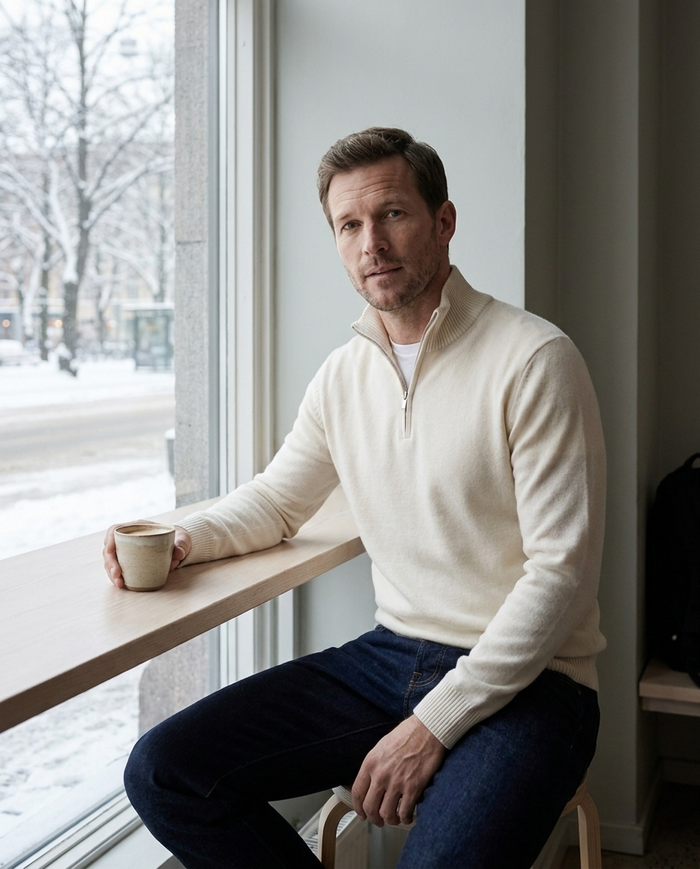 Cream quarter-zip jumper worn in a Helsinki cafe in winter