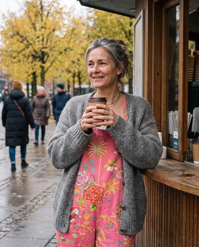 Riikka printed wide-leg jumpsuit worn at a coffee kiosk