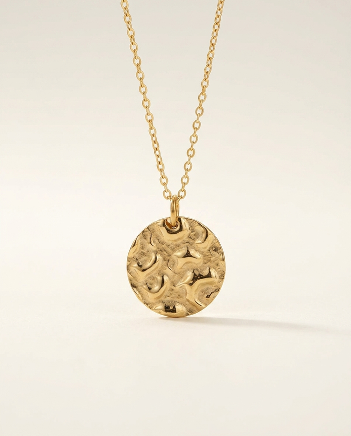 Round hammered gold-plated disc necklace