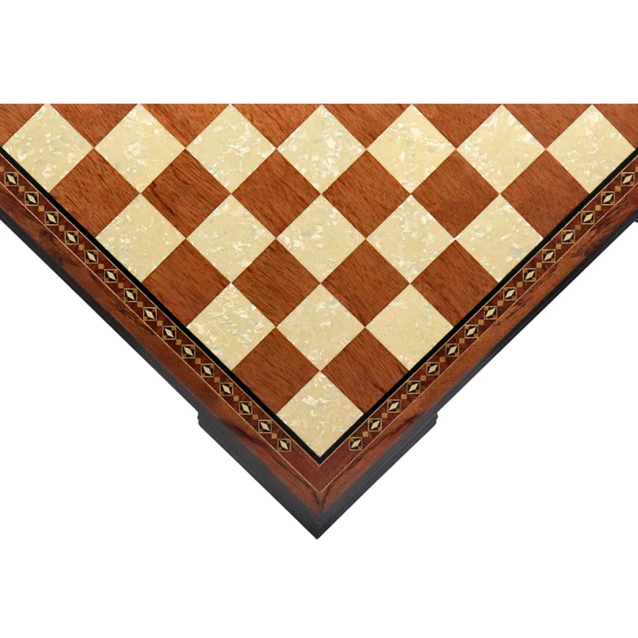 Corner top view of 50cm Beech Chess Board handcrafted in Turkey with rosewood and mother-of-pearl inlay with 50mm squares.