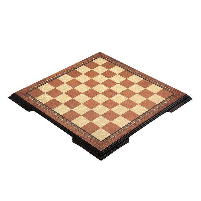 Angled top view of 50cm Beech Chess Board handcrafted in Turkey with rosewood and mother-of-pearl inlay with 50mm squares.