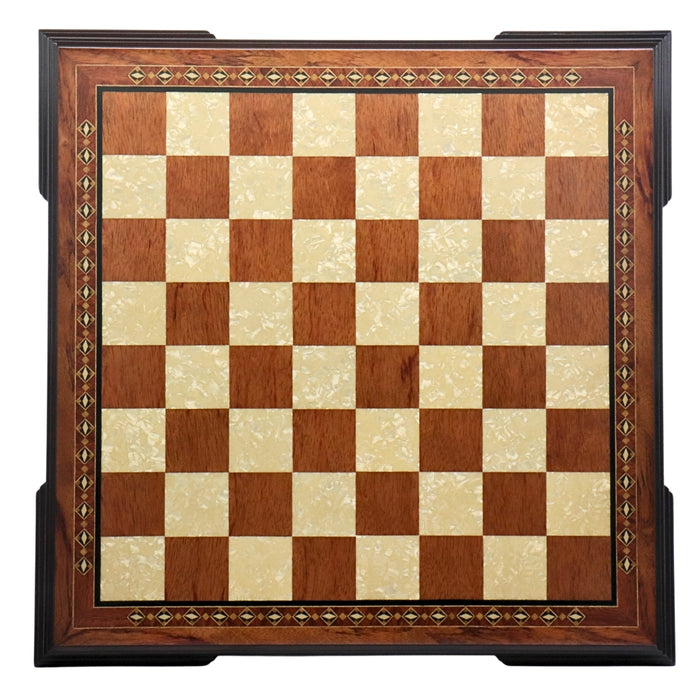 Top view of 50cm Beech Chess Board handcrafted in Turkey with rosewood and mother-of-pearl inlay with 50mm squares.