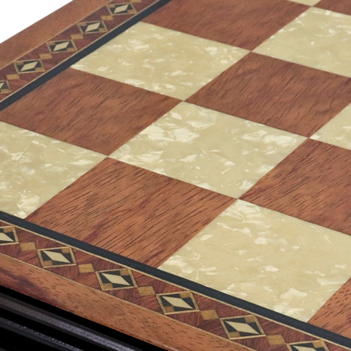 Close-up of Top view of 50cm Beech Chess Board handcrafted in Turkey with rosewood and mother-of-pearl inlay with 50mm squares.