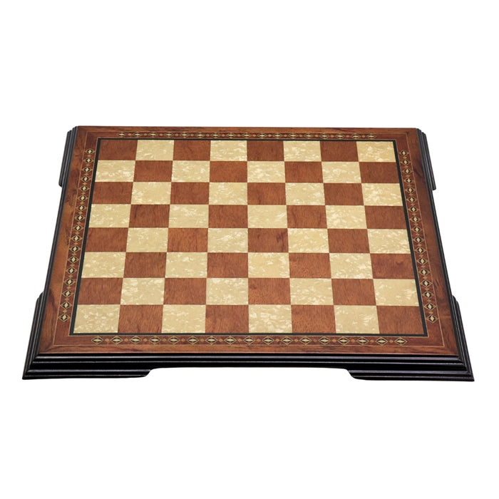 Angled front top view of Top view of 50cm Beech Chess Board handcrafted in Turkey with rosewood and mother-of-pearl inlay with 50mm squares.