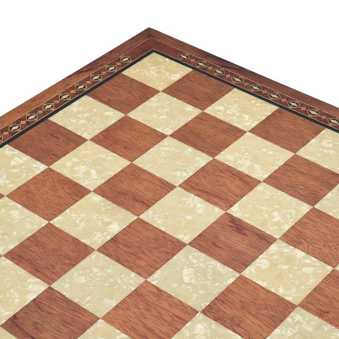 Close-up of Top view of 50cm Beech Chess Board handcrafted in Turkey with rosewood and mother-of-pearl inlay with 50mm squares.