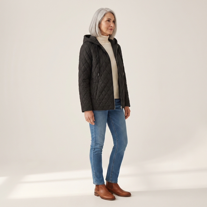 Routa quilted jacket seen from the side, showing the hood and two-way zip