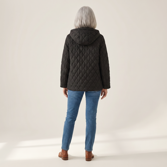 Back view of the Routa quilted jacket, showing the diamond quilting and hood